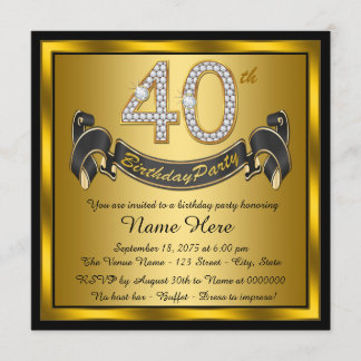 Invitation Fête d'anniversaire 40 ans noir et or