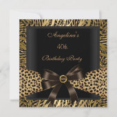 Invitation Fête d'anniversaire 40 ans Or Léopard Marron Noir (Devant)