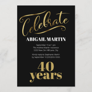 Invitation Fête d'anniversaire 40 ans Or Noir Blanc