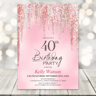 Invitation Fête d'anniversaire 40 ans Paillettes Roses