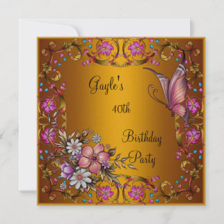 Invitation Fête d'anniversaire 40 ans Papillon floral rose Or
