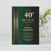 Invitation Fête d'anniversaire 40 ans rayé noir vert doré (Debout devant)