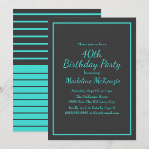 Invitation Fête d'anniversaire 40 ans rayée de turquoise noir