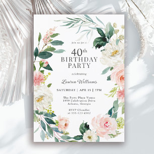 Invitation Fête d'anniversaire 40 ans Rose Fleurie Teint Fémi