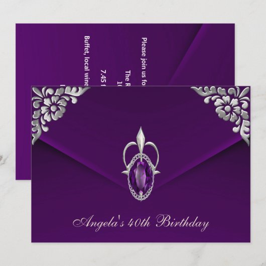 Invitation Fête d'anniversaire 40 ans Royal Silver Plum Velve (Devant / Derrière)