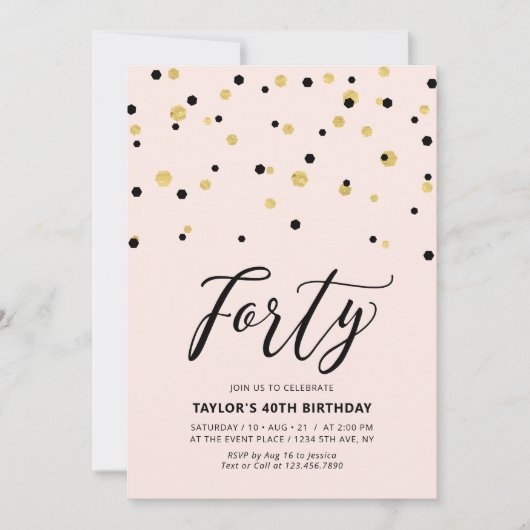 Invitation Fête d'anniversaire 40 ans simple rose et or (Devant)