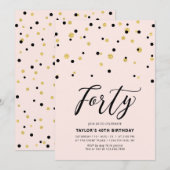 Invitation Fête d'anniversaire 40 ans simple rose et or (Devant / Derrière)
