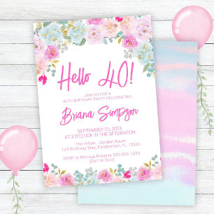 Invitation Fête d'anniversaire 40 ans thème floral Rose Bleu