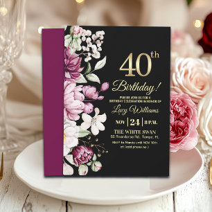 Invitation Fête d'anniversaire 40 élégante florale or