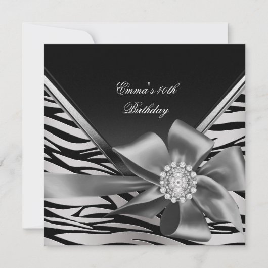 Invitation Fête d'anniversaire 40e Black Silver Zebra Diamond (Devant)