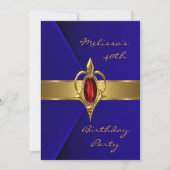 Invitation Fête d'anniversaire 40e Blue Faux Velvet Or rouge (Devant)