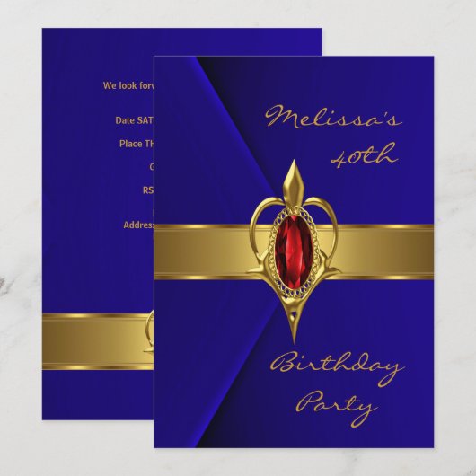 Invitation Fête d'anniversaire 40e Blue Faux Velvet Or rouge (Devant / Derrière)