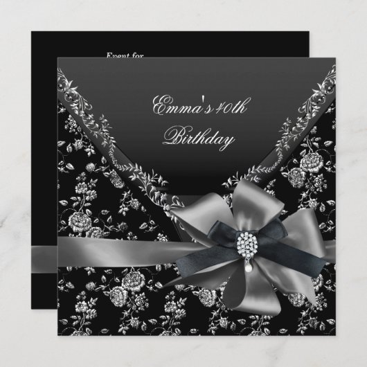Invitation Fête d'anniversaire 40e Noir Blanc Argent Damask (Devant / Derrière)