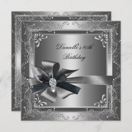 Invitation Fête d'anniversaire 40e Silver Black Grey (Devant / Derrière)