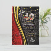 Invitation Fête d'anniversaire 40th Red, Gold & Black Swirls  (Debout devant)