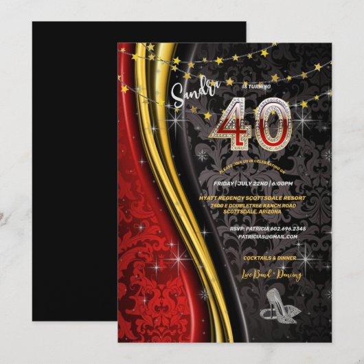 Invitation Fête d'anniversaire 40th Red, Gold & Black Swirls  (Devant / Derrière)