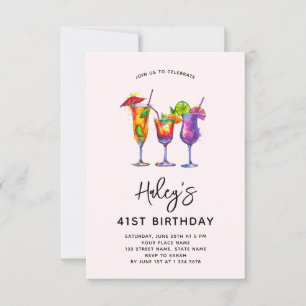 Invitation Fête d'anniversaire 41 ans Cocktails Aquarelle