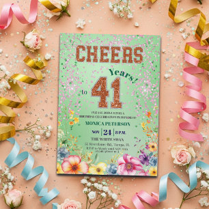 Invitation Fête d'anniversaire 41 ans Floral Pailleté Émeraud