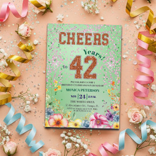 Invitation Fête d'anniversaire 42 ans Floral Pailleté Émeraud