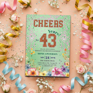 Invitation Fête d'anniversaire 43 ans Floral Pailleté Émeraud