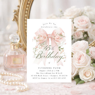 Invitation Fête d'anniversaire 45 ans Ruban Coquette Rose Fle