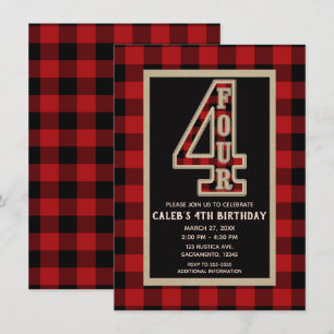 Invitation Fête d'anniversaire 4 ans à carreaux plaid buffle