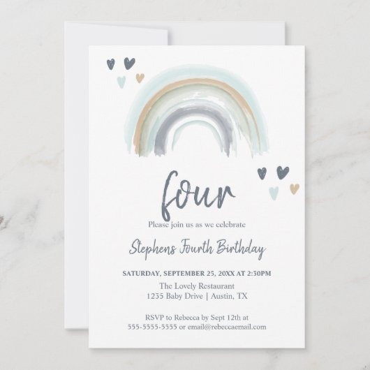 Invitation Fête d'anniversaire 4 ans Blue Boho Rainbow (Devant)