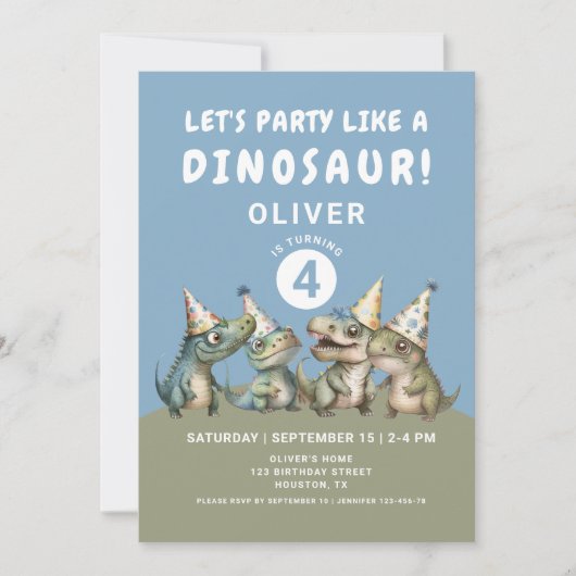 Invitation Fête d'anniversaire 4 ans de dinosaure mignon (Devant)