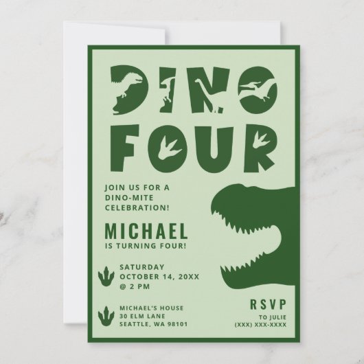 Invitation Fête d'anniversaire 4 ans Dino Four Dinosaure Vert (Devant)