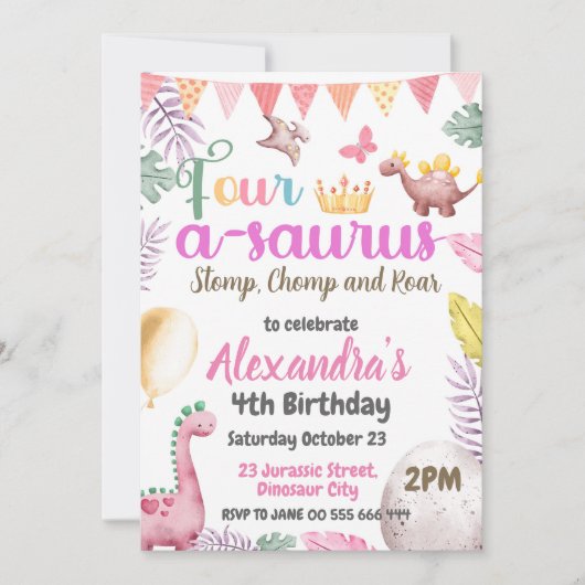 Invitation Fête d'anniversaire 4 ans du dinosaure Quatre-à-Sa (Devant)