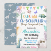 Invitation Fête d'anniversaire 4 ans du dinosaure Quatre-à-sa (Devant / Derrière)