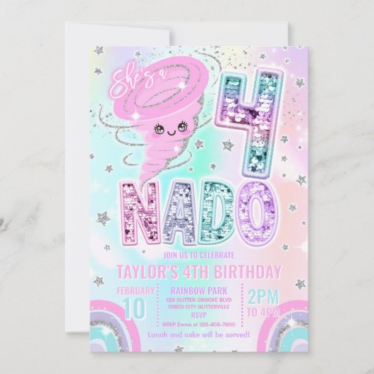 Invitation Fête d'anniversaire 4 ans Four Nado Rainbow Glitte (Devant)