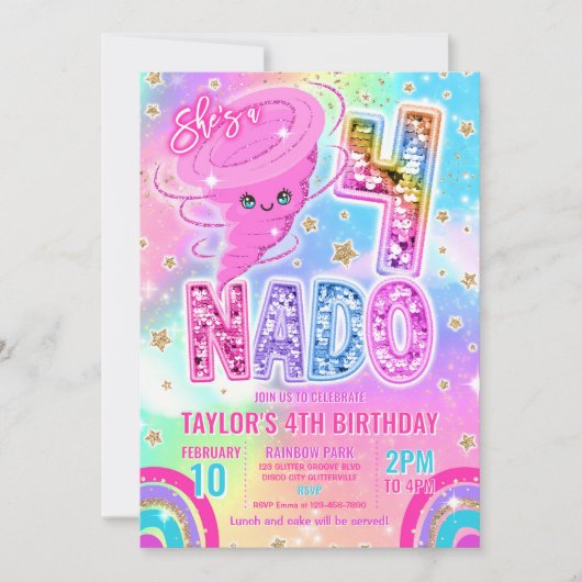 Invitation Fête d'anniversaire 4 ans Four Nado Rainbow Glitte (Devant)