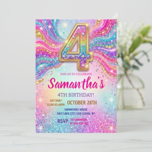 Invitation Fête d'anniversaire 4 ans Paillettes Étincelles Ar (Debout devant)