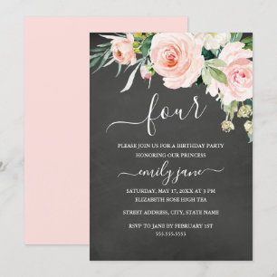 Invitation Fête d'anniversaire 4 ans Pink Floral Chalkboard