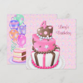 Invitation Fête d'anniversaire 4 ans pour filles gâteau rose (Devant / Derrière)