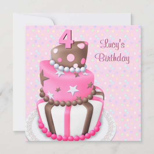 Invitation Fête d'anniversaire 4 ans pour filles gâteau rose (Devant)