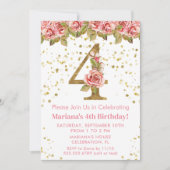 Invitation Fête d'anniversaire 4 ans thème Roses roses (Devant)