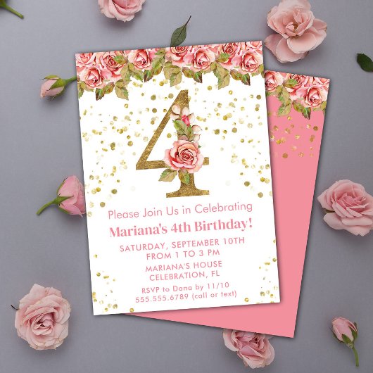 Invitation Fête d'anniversaire 4 ans thème Roses roses