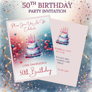 Invitation Fête d'anniversaire 50 ans aquarelle rose