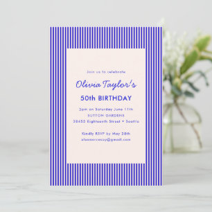 Invitation Fête d'anniversaire 50 ans avec rayure bleu royal