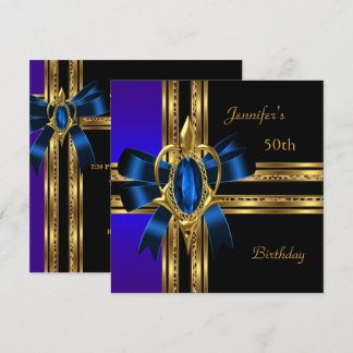 Invitation Fête d'anniversaire 50 ans Bijou Cœur Bleu Or