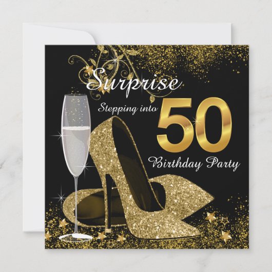 Invitation Fête d'anniversaire 50 ans Black and Gold (Devant)