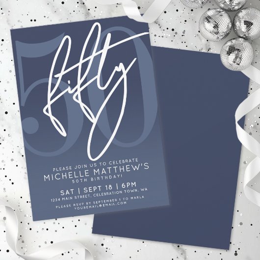 Invitation Fête d'anniversaire 50 ans bleu marine