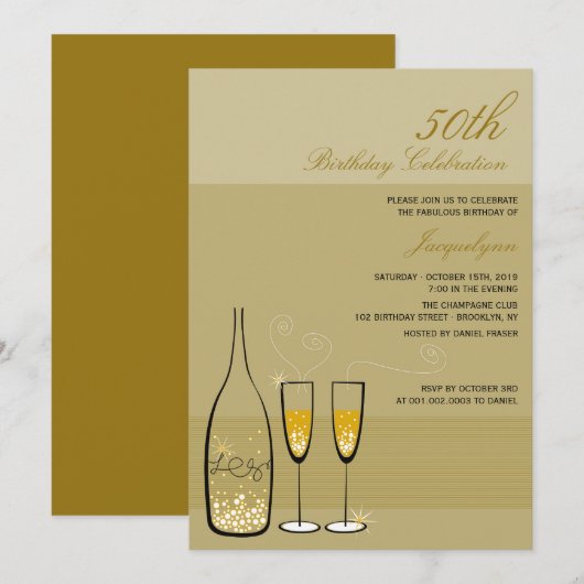 Invitation Fête d'anniversaire 50 ans Champagne Doré Élégant (Devant / Derrière)
