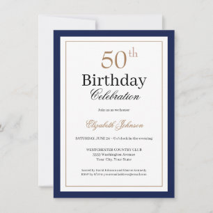 Invitation Fête d'anniversaire 50 ans Classic Gold Navy Blue