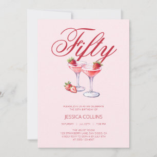 Invitation Fête d'anniversaire 50 ans Cocktail de Fraise Roug