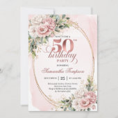 Invitation Fête d'anniversaire 50 ans élégante à fleurs or ro (Devant)