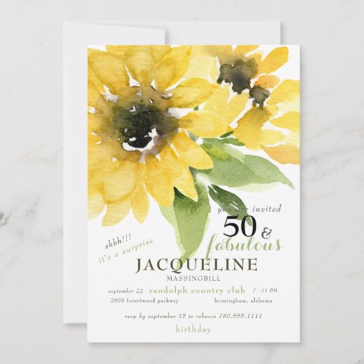 Invitation Fête d'anniversaire 50 ans et formidable Tournesol (Devant)