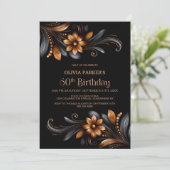 Invitation Fête d'anniversaire 50 ans Fleur Orange Noir (Debout devant)